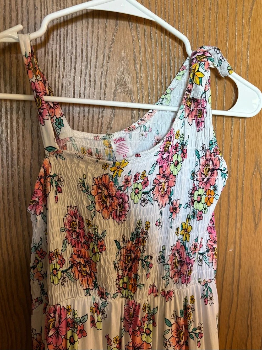 Justice White Dress with Bright Pink & Green Florals Print